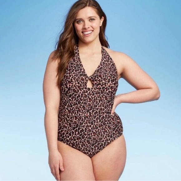 NWT! Kona Sol Leopard Twist Front One Piece Halter Swim Suit 14W - Picture 1 of 8